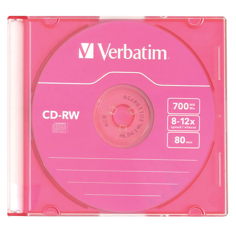 Диск CD-RW VERBATIM, 700 Mb, 8х-12х, Colour Slim Case, 43167 оптом