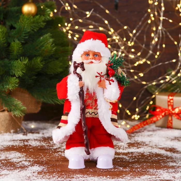 Дед Мороз "В костюмчике с орнаментом, с посохом и подарками" двигается, 11х30 см оптом