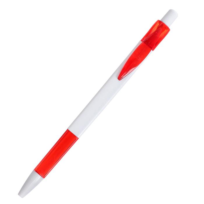 Ручка шариковая, автоматическая, под логотип, белая с красным резиновым держателем и клипом оптом