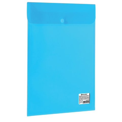 Папка-конверт с кнопкой BRAUBERG, вертикальная, А4, до 100 листов, прозрачная, синяя, 0,15 мм, 224977 оптом