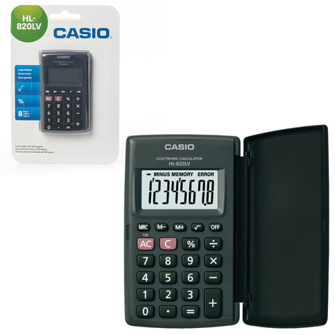 Калькулятор карманный CASIO HL-820LV-BK-S (104х63х7,4 мм) 8 разрядов, питание от батареи, черный, блистер, HL-820LV-BK-S-G оптом