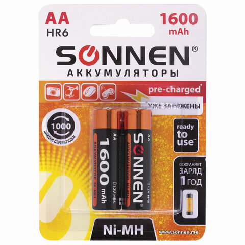 Батарейки аккумуляторные КОМПЛЕКТ 2 шт., SONNEN, АА (HR6), Ni-Mh, 1600 mAh, в блистере, 454233 оптом