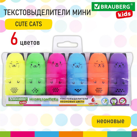 Набор текстовыделителей мини 6 ЦВЕТОВ BRAUBERG KIDS "CUTE CATS NEON", линия 1-5 мм, 152435 оптом