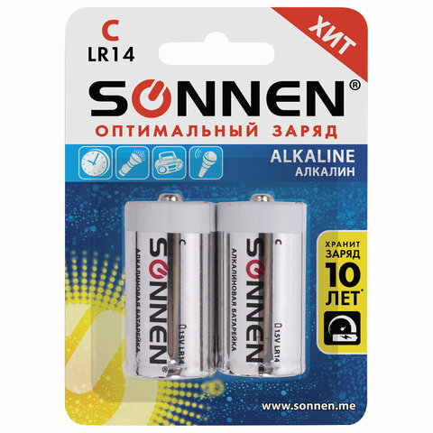 Батарейки КОМПЛЕКТ 2 шт., SONNEN Alkaline, С (LR14, 14А), алкалиновые, блистер, 451090 оптом