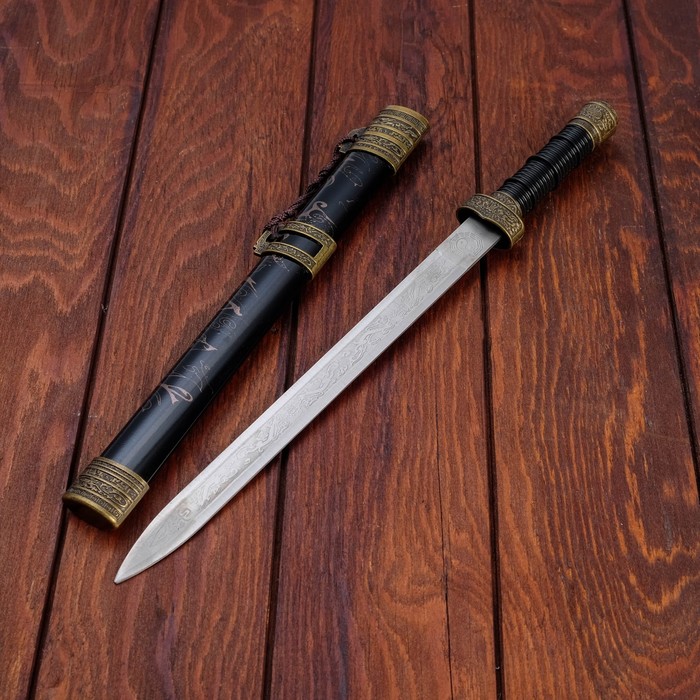 Сувенирный меч, прямой с резьбой по лезвию, ножны пустыня, 3 вставки металл, 40см оптом