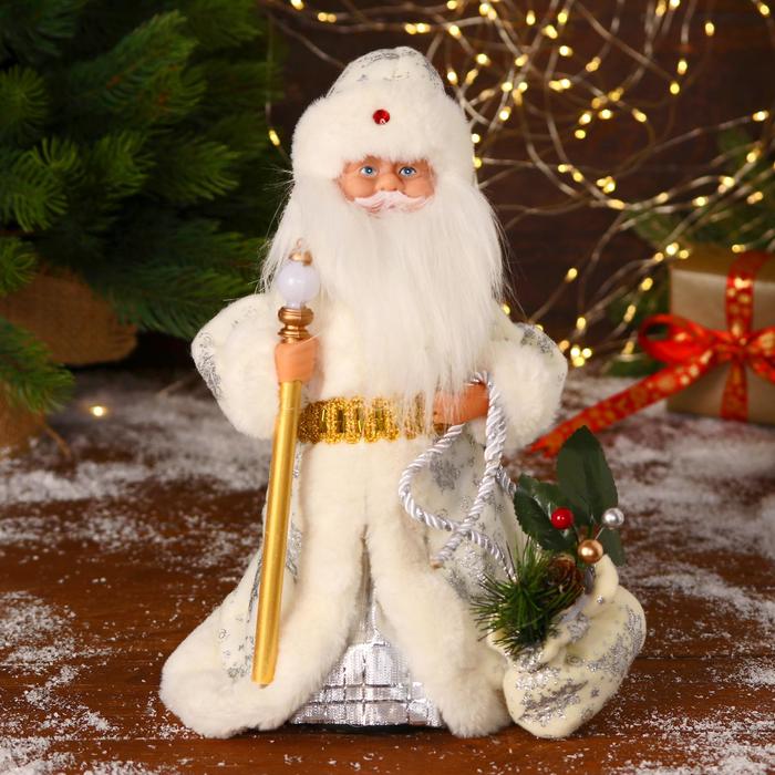Дед Мороз "В белой шубке, с посохом и мешком" двигается, 12х28 см оптом