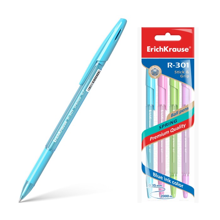 Набор ручек шариковых 4 штуки ErichKrause R-301 Spring Stick & Grip, узел 0.7 мм, чернила синие, резиновый упор, длина линии письма 1000 метров, европодвес оптом