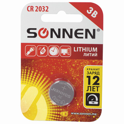 Батарейка SONNEN Lithium, CR2032, литиевая, 1 шт., в блистере, 451974 оптом