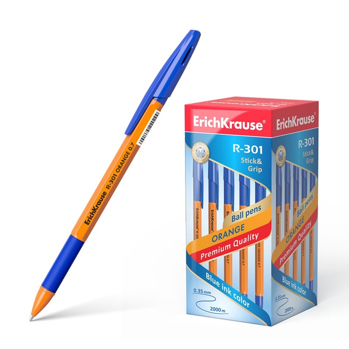 Ручка шариковая Erich Krause R-301 Orange Stick & Grip, узел 0.7 мм, чернила синие, резиновый упор, длина линии письма 1000 метров оптом