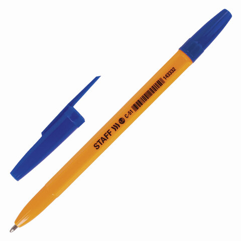 Ручка шариковая STAFF "C-51", СИНЯЯ, корпус оранжевый, узел 1 мм, линия письма 0,5 мм, 143332 оптом