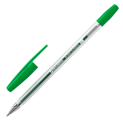 Ручка шариковая BRAUBERG "M-500 CLASSIC", ЗЕЛЕНАЯ, корпус прозрачный, узел 0,7 мм, линия письма 0,35 мм, 143447 оптом