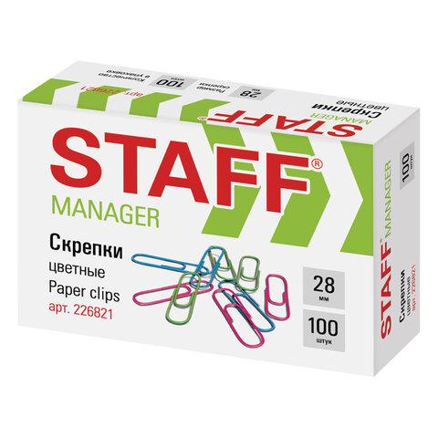 Скрепки STAFF "Manager", 28 мм, цветные, 100 шт., в картонной коробке, 226821 оптом