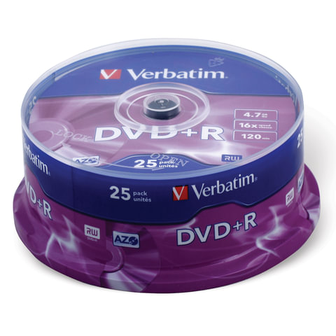 Диски DVD+R (плюс) VERBATIM 4,7 Gb 16x Cake Box (упаковка на шпиле), КОМПЛЕКТ 25 шт., 43500 оптом