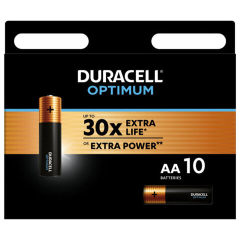 Батарейки КОМПЛЕКТ 10 шт., DURACELL Optimum, AA (LR6,15А), х30 мощность, алкалиновые, пальчиковые, 5014728 оптом