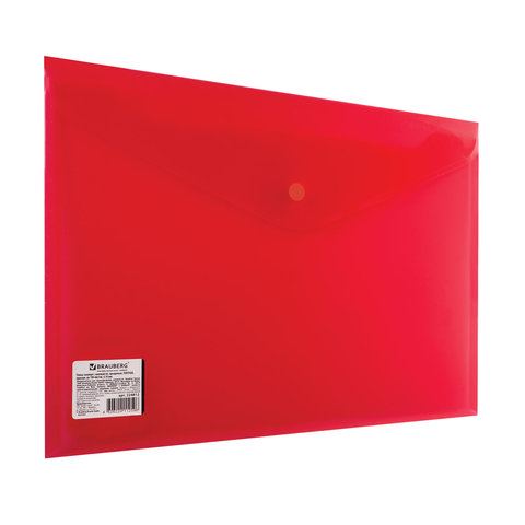 Папка-конверт с кнопкой BRAUBERG, А4, до 100 листов, прозрачная, красная, СВЕРХПРОЧНАЯ 0,18 мм, 224812 оптом