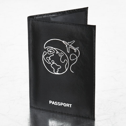 Обложка для паспорта натуральная кожа "наплак", тиснение серебром "Airplane", черная, BRAUBERG, 238212 оптом