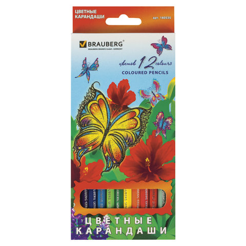 Карандаши цветные BRAUBERG "Wonderful butterfly", 12 цветов, заточенные, картонная упаковка с блестками, 180535 оптом