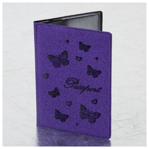 Обложка для паспорта STAFF, бархатный полиуретан, "Бабочки", фиолетовая, 237618 оптом