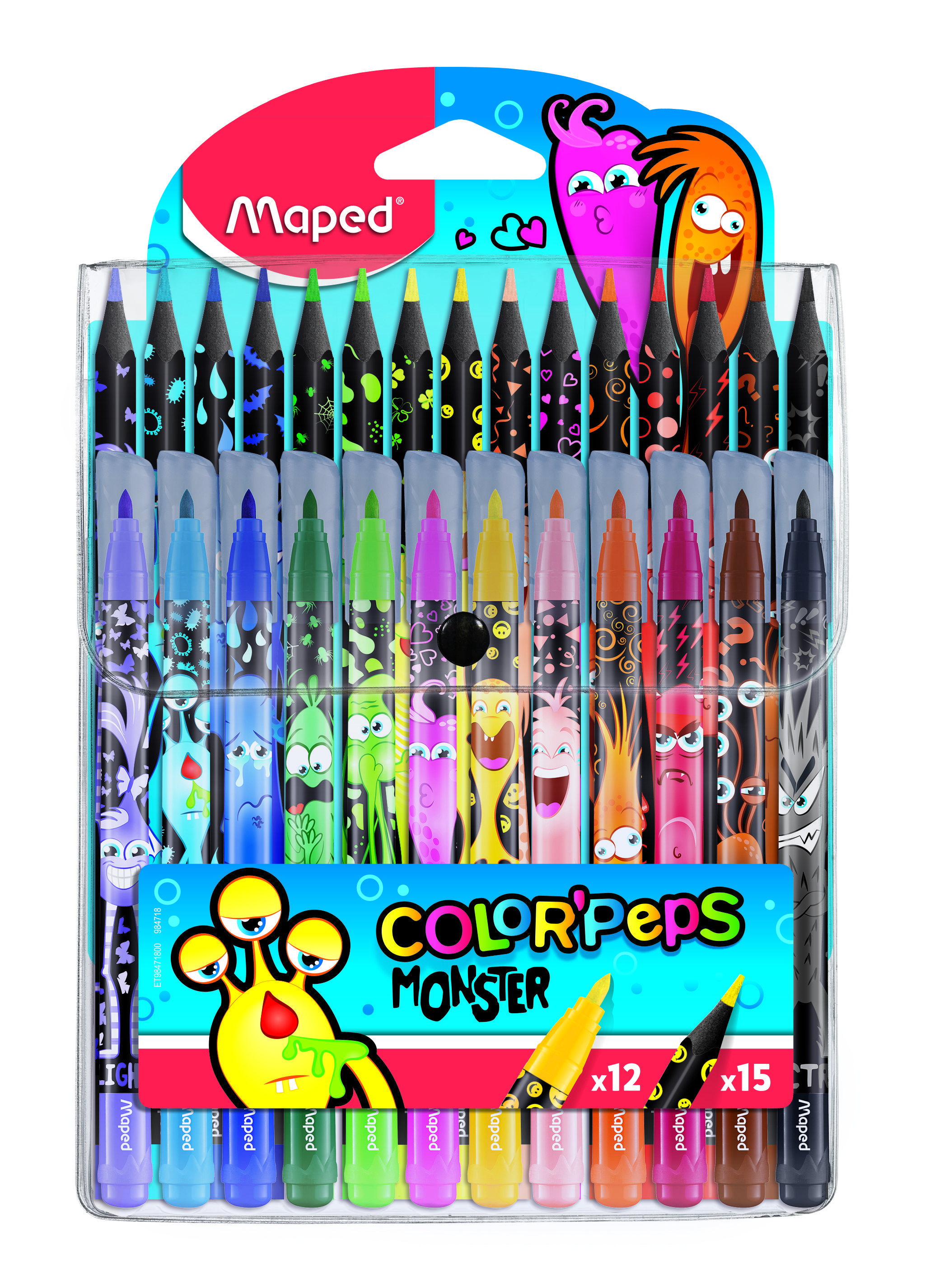 Набор для рисования MAPED COLOR'PEPS MONSTER 12 фломастеров, 15 пластиковых цветных карандашей, декорированный корпус, в футляре оптом