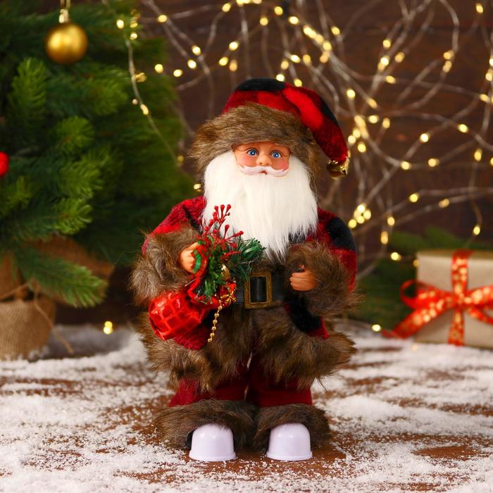 Дед Мороз "В меховом красном костюмчике, с мешком" двигается, 11х30 см оптом