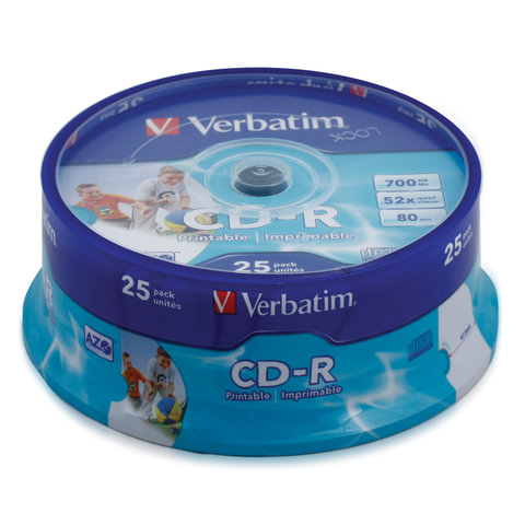Диски CD-R VERBATIM 700 Mb 52x Cake Box (упаковка на шпиле), КОМПЛЕКТ 25 шт. оптом