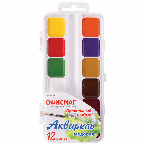 Краски акварельные школьные ОФИСМАГ, 12 цветов, медовые, пластиковая коробка, 191562 оптом