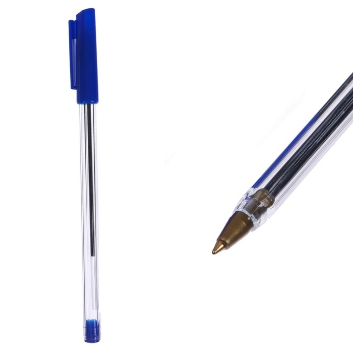 Ручка шариковая 0,7 мм, стержень синий, корпус прозрачный с синим колпачком оптом