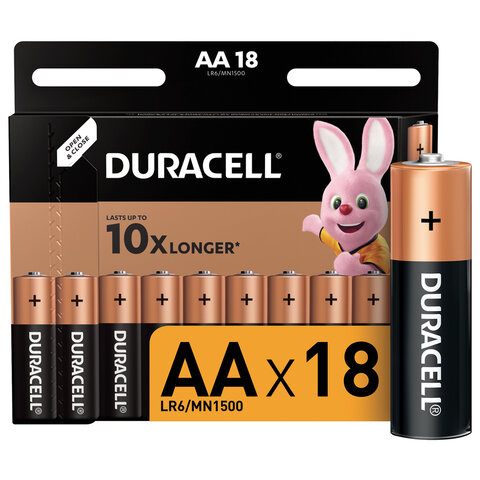 Батарейки КОМПЛЕКТ 18 шт., DURACELL Basic, AA (LR06, 15А), алкалиновые, пальчиковые, блистер оптом