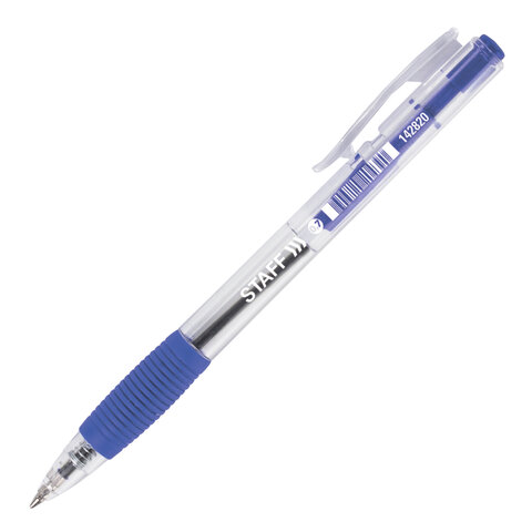 Ручка шариковая автоматическая с грипом STAFF "Basic" BPR-820, СИНЯЯ, корпус прозрачный, 0,7 мм, линия письма 0,35 мм, 142820 оптом