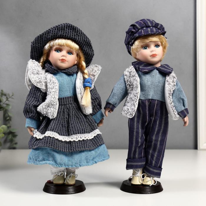 Кукла коллекционная парочка набор 2 шт "Алиса и Артём в синих нарядах" 30 см оптом