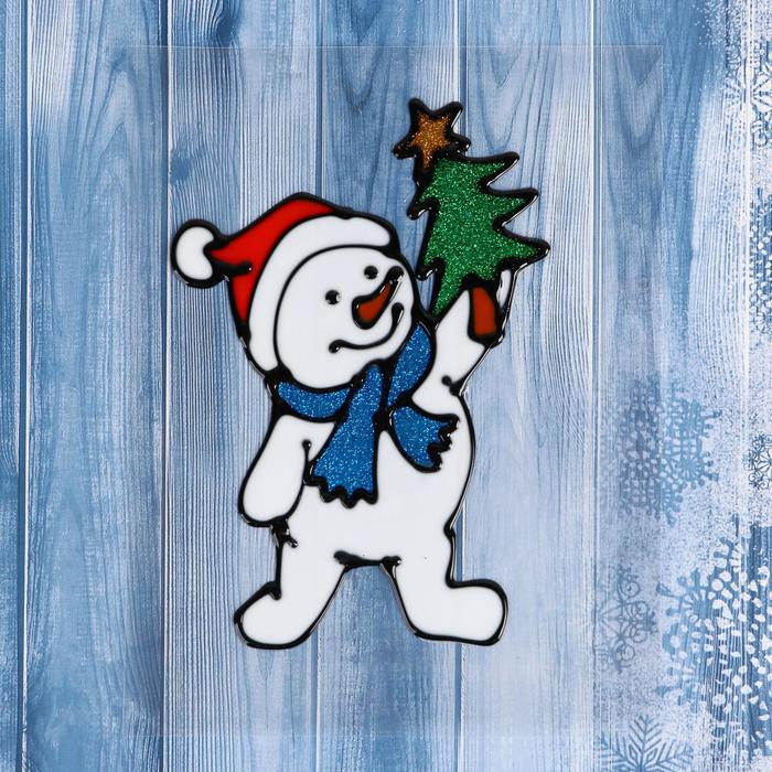 Наклейка на стекло "Снеговик в синем шарфе с ёлкой" 10х15 см оптом
