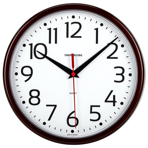 Часы настенные TROYKATIME (TROYKA) 91931912, круг, белые, коричневая рамка, 23х23х4 см оптом
