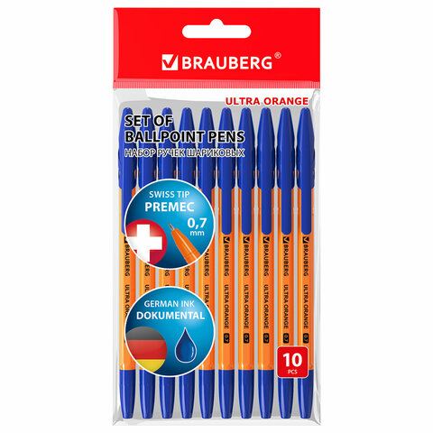 Ручки шариковые BRAUBERG "ULTRA ORANGE", СИНИЕ, НАБОР 10 штук, корпус оранжевый, узел 0,7 мм, 143571 оптом