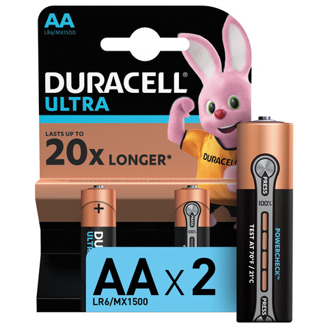 Батарейки КОМПЛЕКТ 2 шт., DURACELL Ultra, AA (LR06, 15А), алкалиновые, пальчиковые, блистер оптом