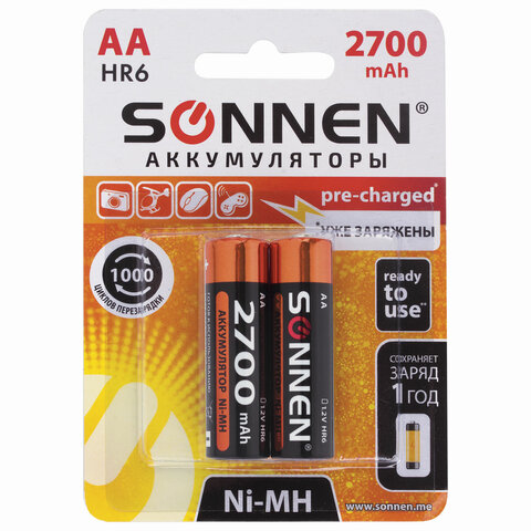 Батарейки аккумуляторные КОМПЛЕКТ 2 шт., SONNEN, АА (HR6), Ni-Mh, 2700 mAh, в блистере, 454235 оптом