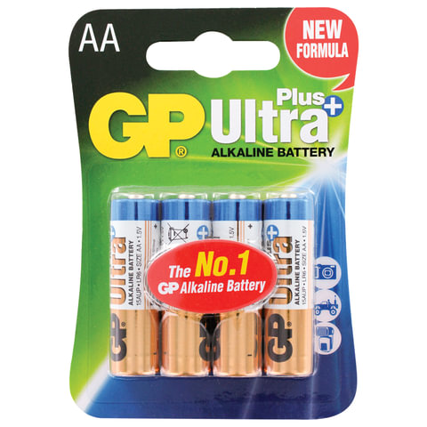 Батарейки КОМПЛЕКТ 4 шт., GP Ultra Plus, AA (LR06, 15А), алкалиновые, пальчиковые, блистер, 15AUP-2CR4 оптом