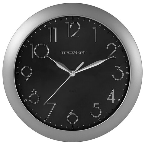 Часы настенные TROYKA 11170182, круг, черные, серебристая рамка, 29х29х3,5 см оптом