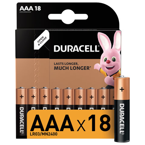 Батарейки КОМПЛЕКТ 18 шт., DURACELL Basic, AAA (LR03, 24А), алкалиновые, мизинчиковые, блистер, 81483686 оптом