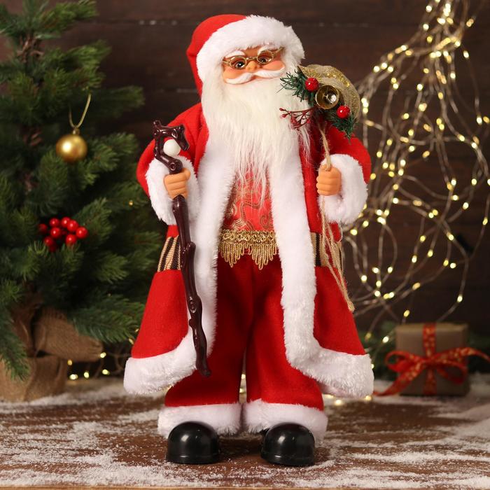 Дед Мороз "В красном костюмчике с орнаментом, с посохом" двигается, 20х50 см оптом