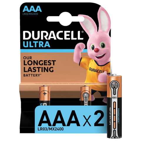 Батарейки КОМПЛЕКТ 2 шт., DURACELL Ultra, AAA (LR03, 24А), алкалиновые, мизинчиковые, блистер оптом