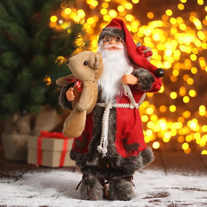 Дед Мороз "В красной шубке с мишкой" 16х30 см оптом