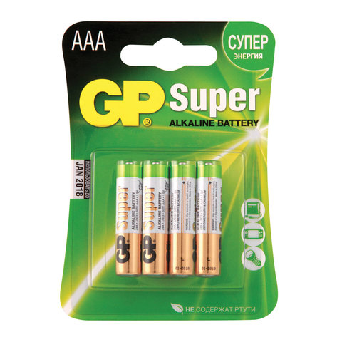 Батарейки КОМПЛЕКТ 4 шт., GP Super, AAA (LR03, 24А), алкалиновые, мизинчиковые, блистер, 24A-2CR4 оптом