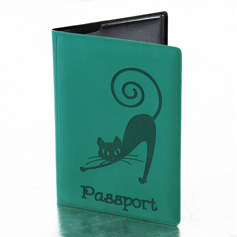 Обложка для паспорта STAFF, мягкий полиуретан, "Кошка", бирюзовая, 237616 оптом