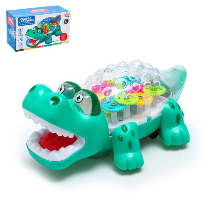 Крокодил «Шестерёнки», свет и звук, работает от батареек, цвет зелёный оптом