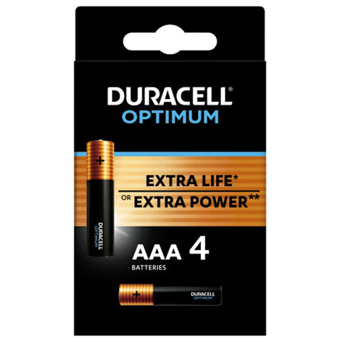 Батарейки КОМПЛЕКТ 4 шт., DURACELL Optimum, AAA (LR03, 24А), х30 мощность, алкалиновые, мизинчиковые, 5014062 оптом
