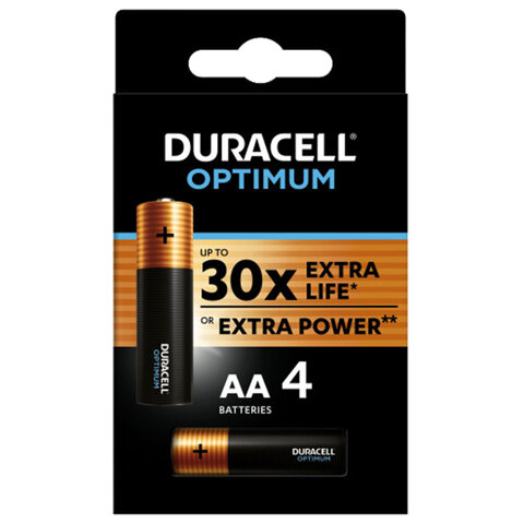 Батарейки КОМПЛЕКТ 4 шт., DURACELL Optimum, AA (LR6, 15А), х30 мощность, алкалиновые, пальчиковые, 5014061 оптом