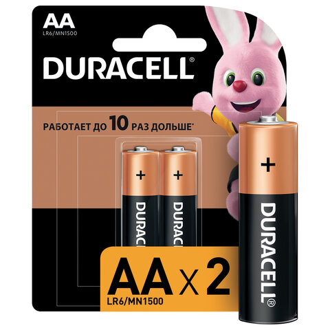 Батарейки КОМПЛЕКТ 2 шт., DURACELL Basic, AA (LR06, 15А), алкалиновые, пальчиковые, блистер оптом