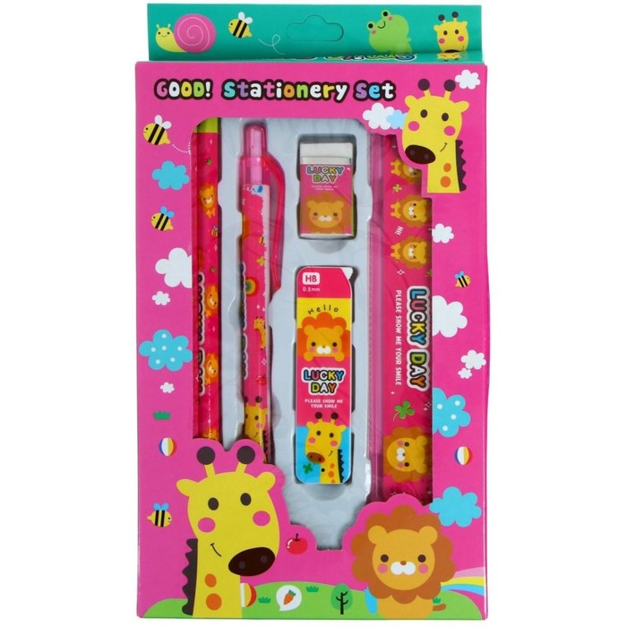 Набор канцелярский детский, 6 предметов (3 шт карандашей+ластик+грифели+линейка), розовый оптом