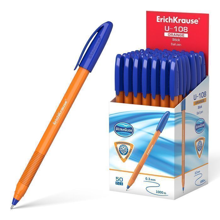 Ручка шариковая ErichKrause ULTRA GLIDE TECHNOLOGY U-108 ORANGE 1 мм синий оранжевый треугольный корпус оптом